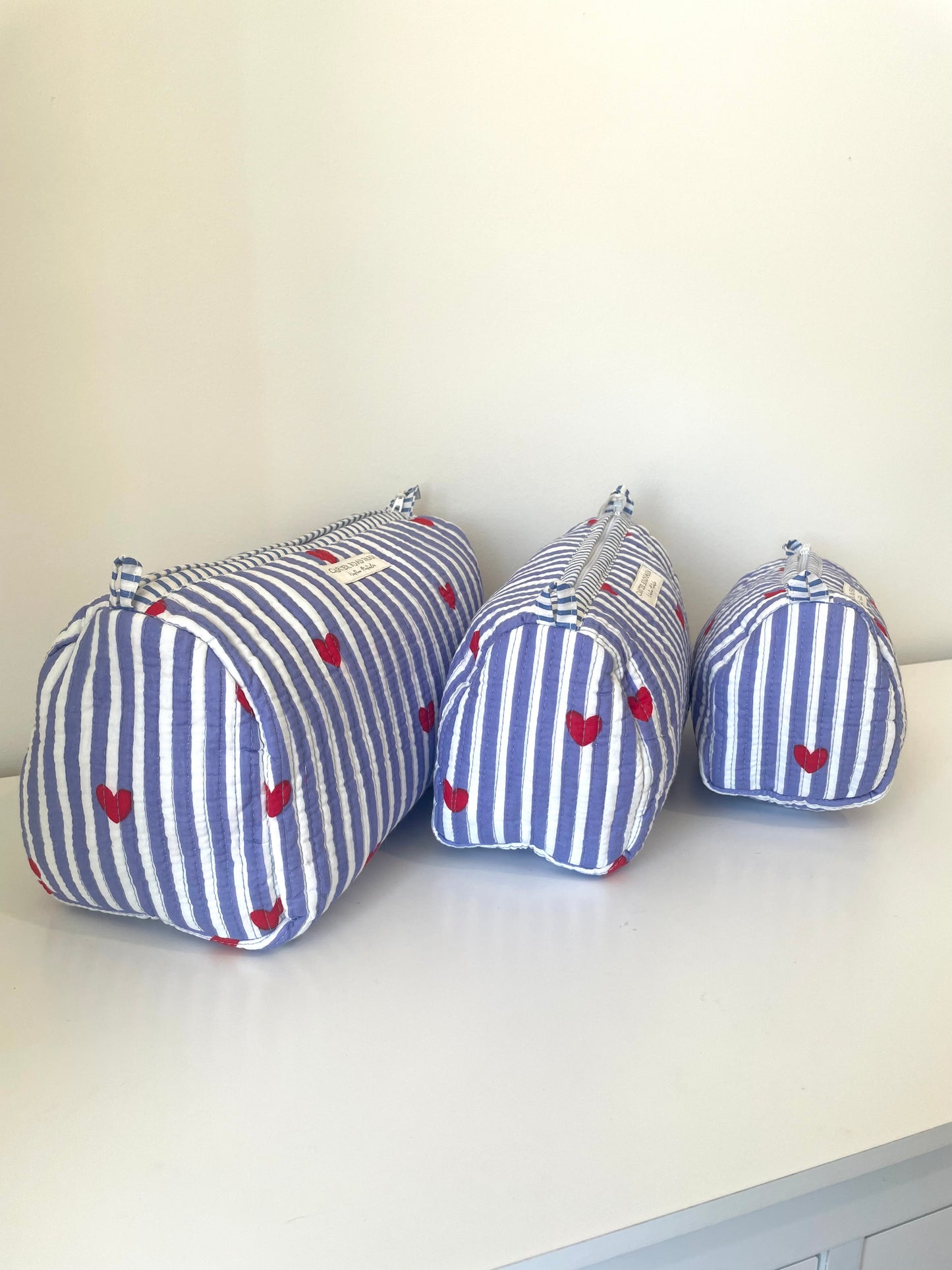 Striped Cosmetic Bags with Red Hearts - Sky Blue