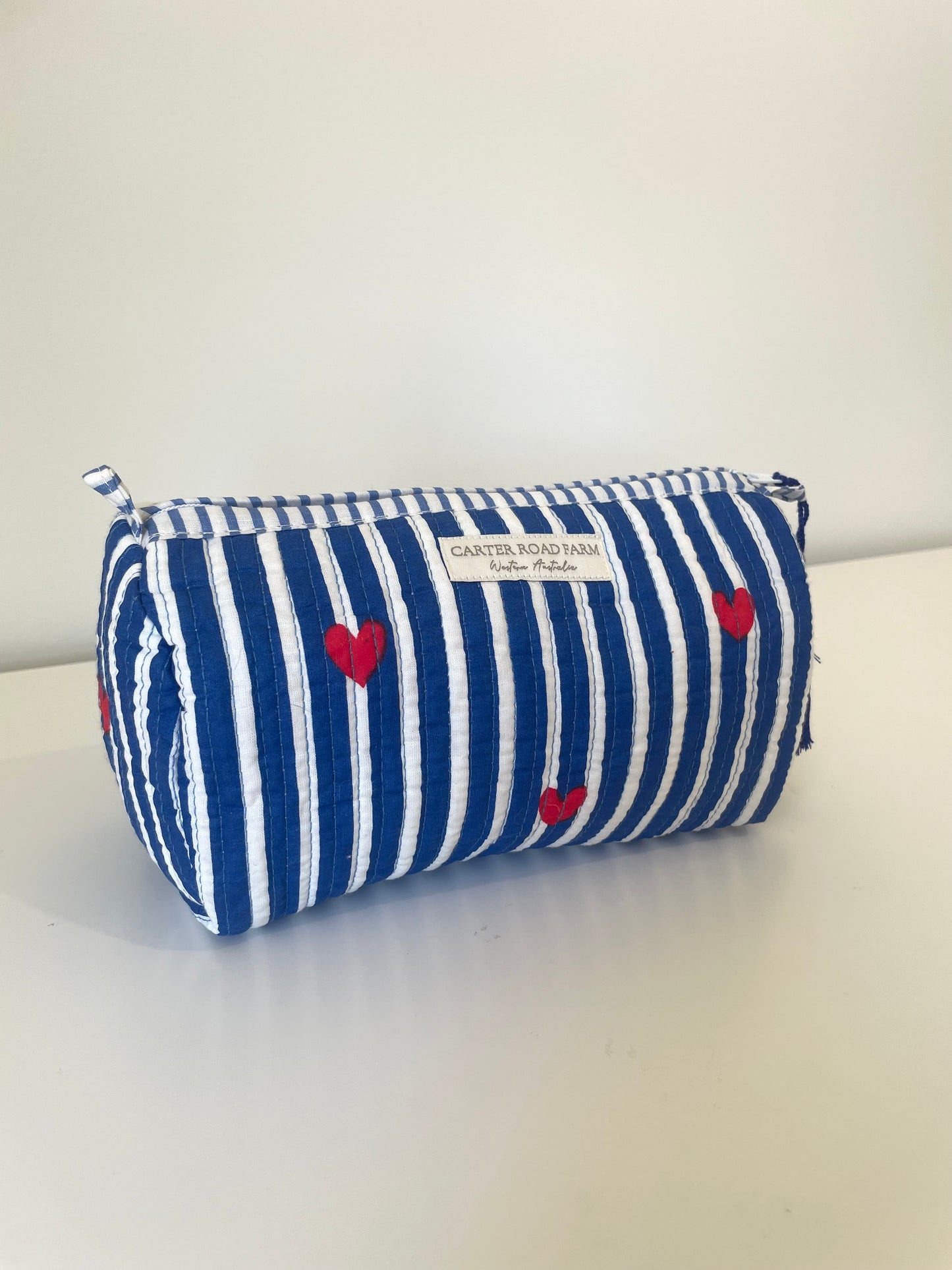 Striped Cosmetic Bags with Red Hearts - Navy Blue