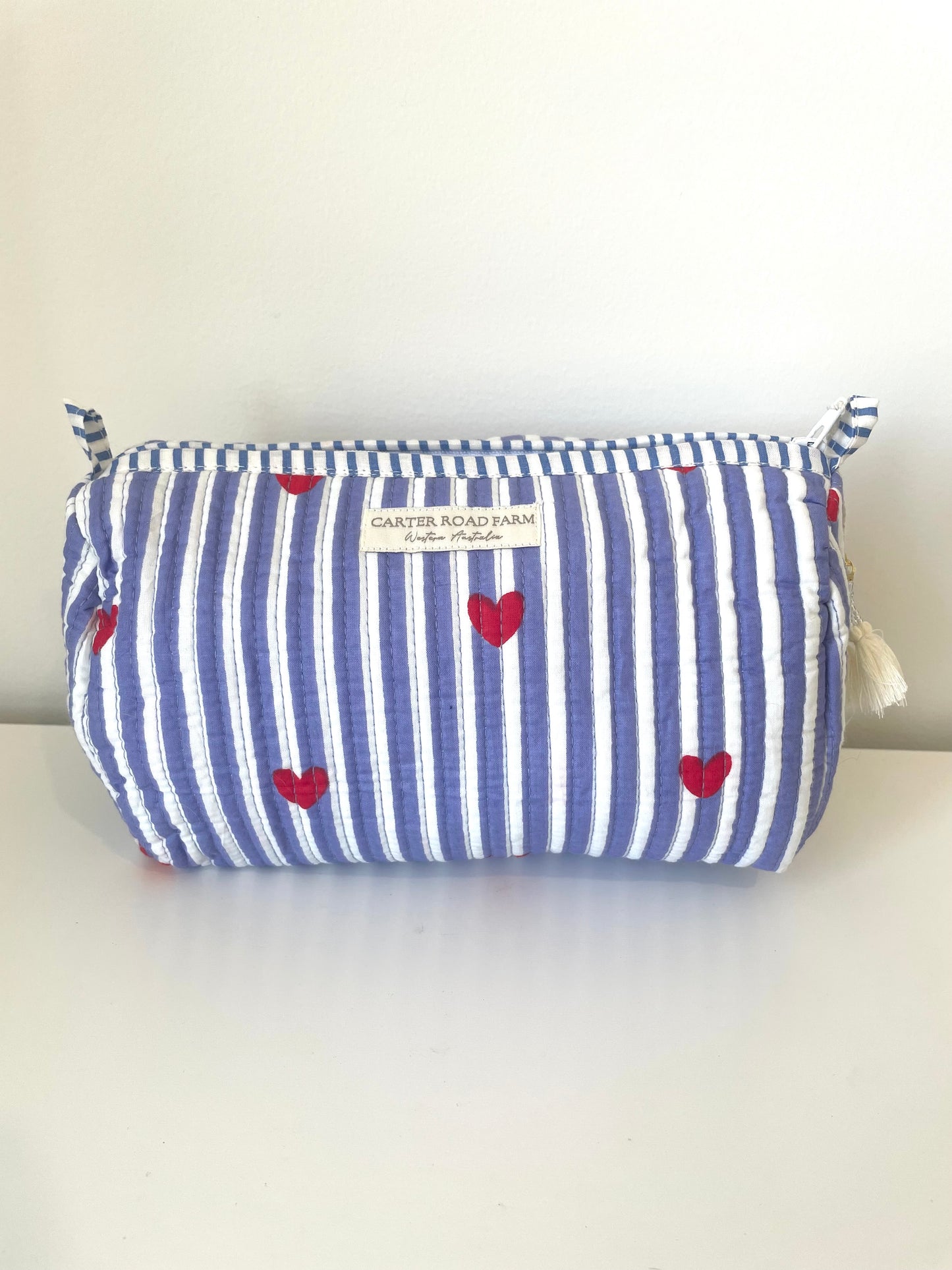 Striped Cosmetic Bags with Red Hearts - Sky Blue