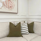 Linen Cushion with Button Detail - Olive Green Stripe