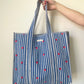 Striped Tote Bag with Red Hearts - Navy Blue
