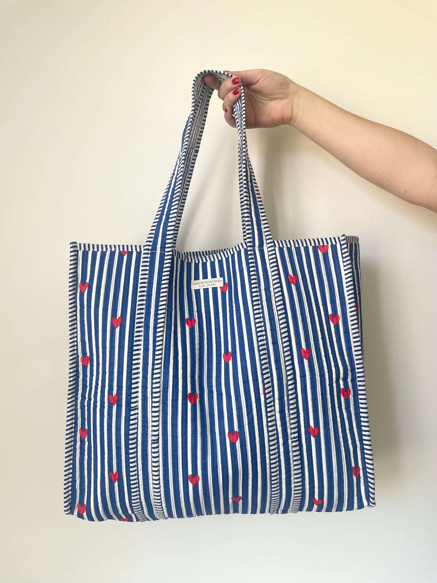 Striped Tote Bag with Red Hearts - Navy Blue