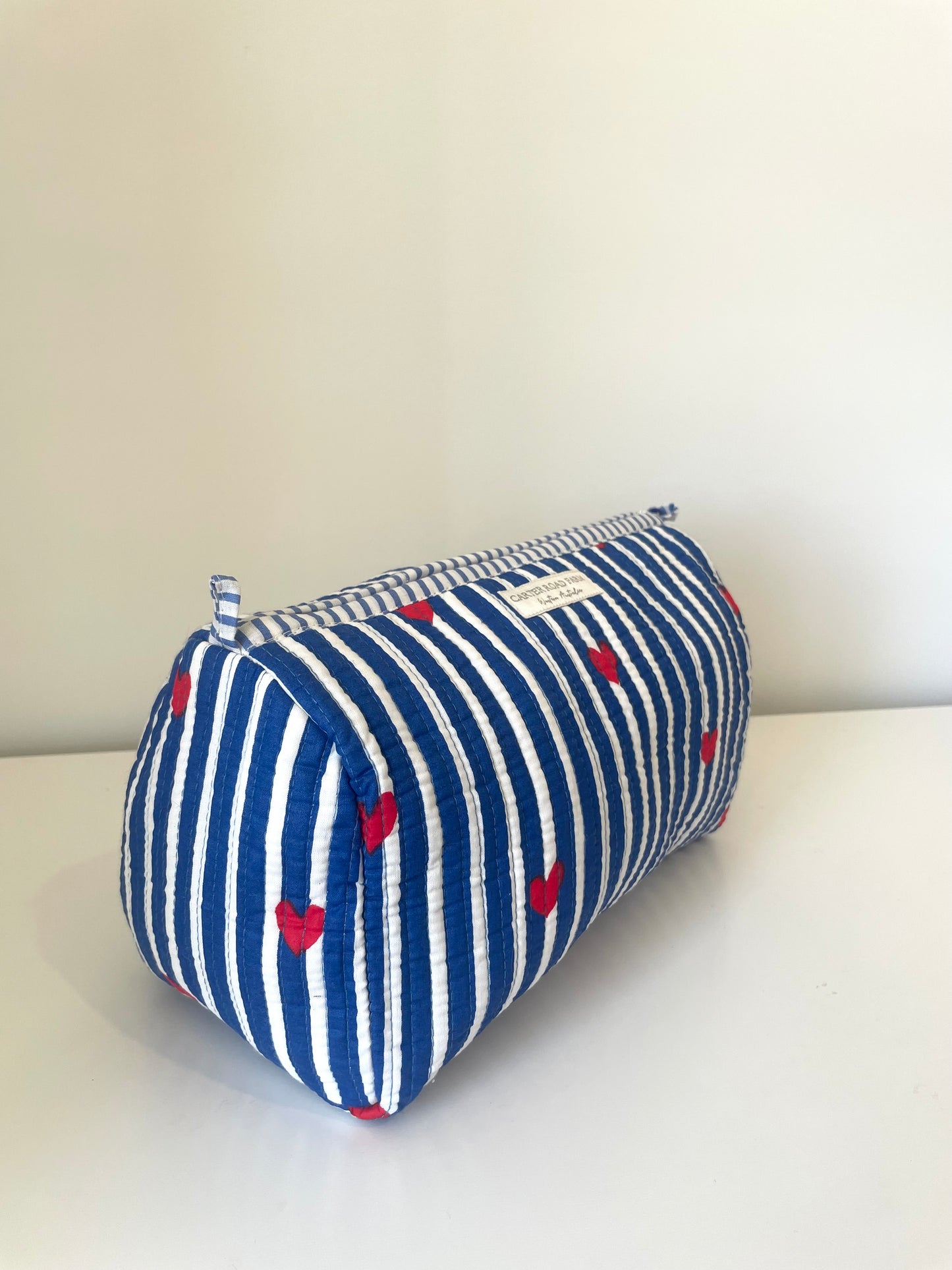 Striped Cosmetic Bags with Red Hearts - Navy Blue