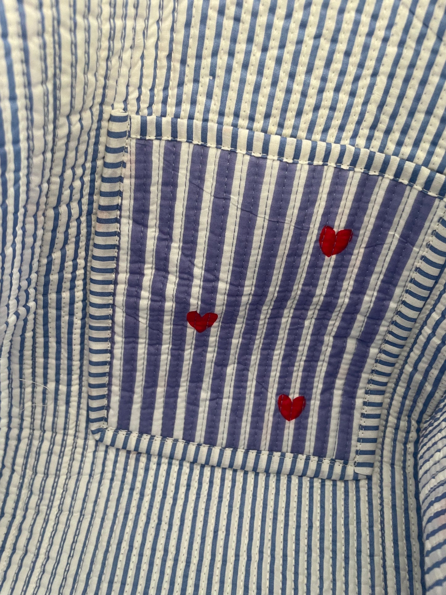 Striped Tote Bag with Red Hearts - Sky Blue