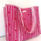 Striped Tote Bag with Red Hearts - Hot Pink