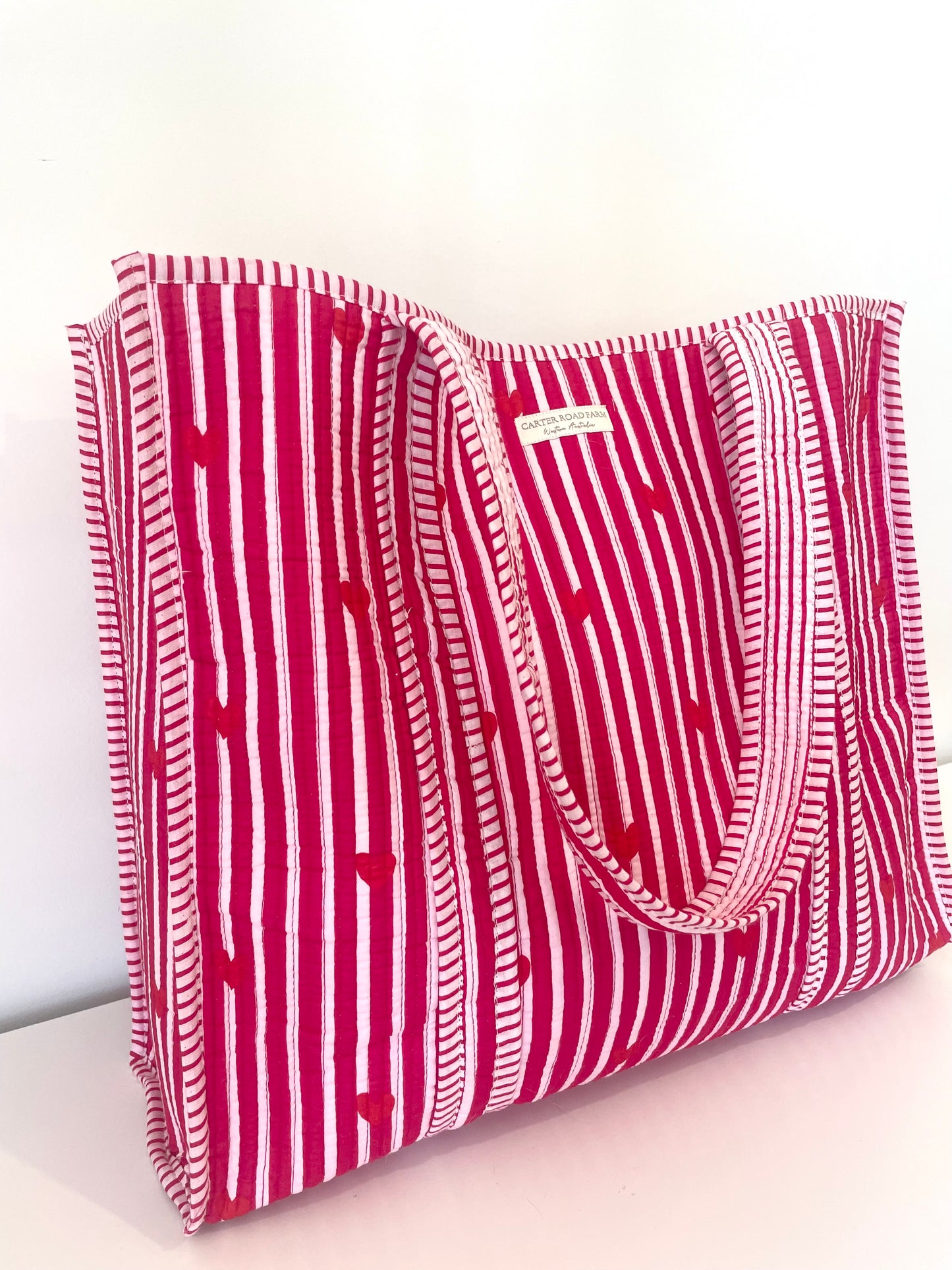 Striped Tote Bag with Red Hearts - Hot Pink