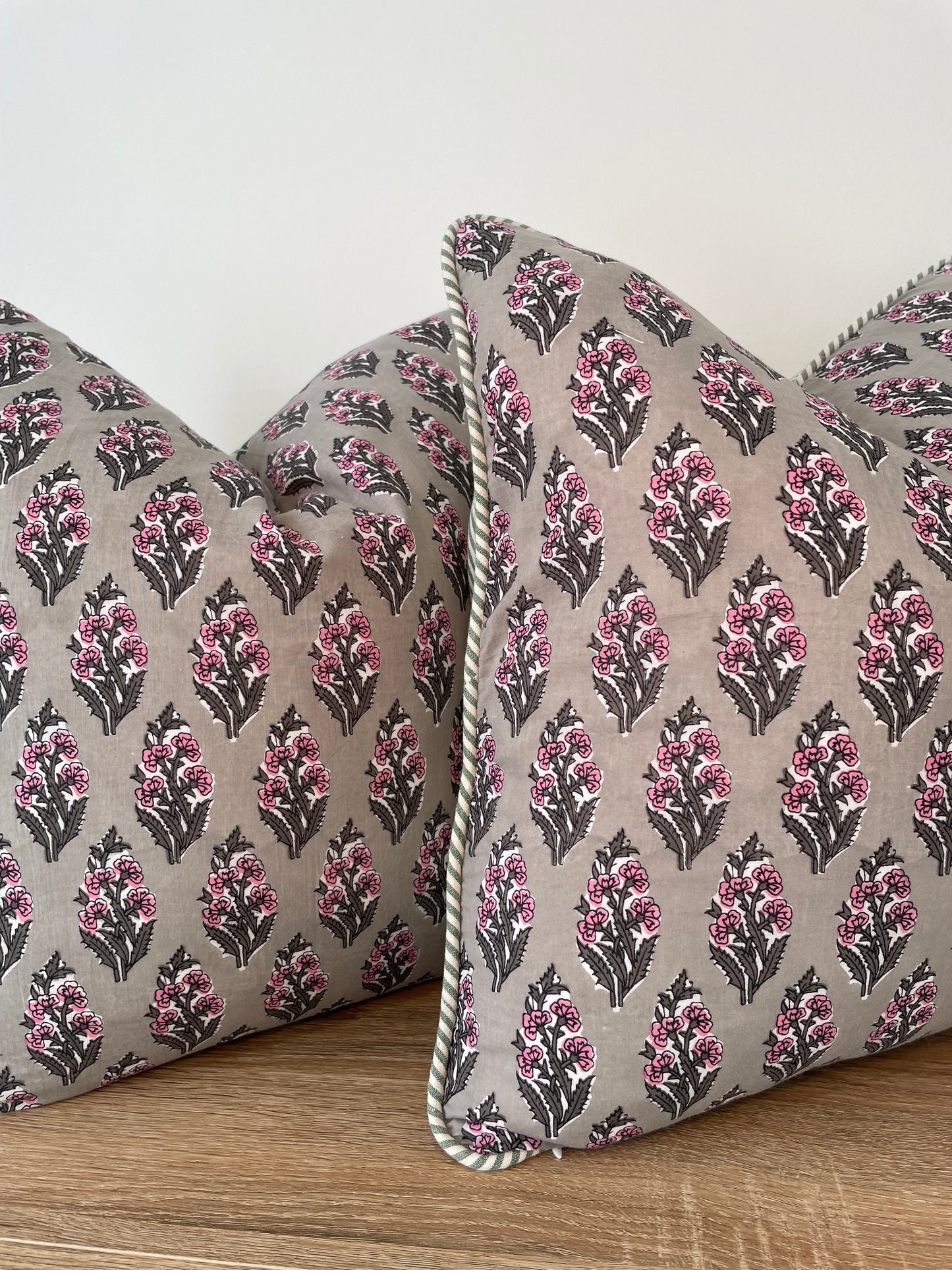 Block Print Cushion Cover - Green and Pink Floral with Stripes