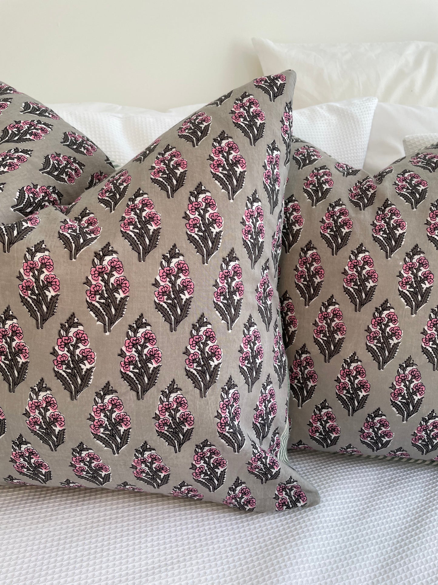 Block Print Cushion Cover - Green and Pink Floral with Stripes