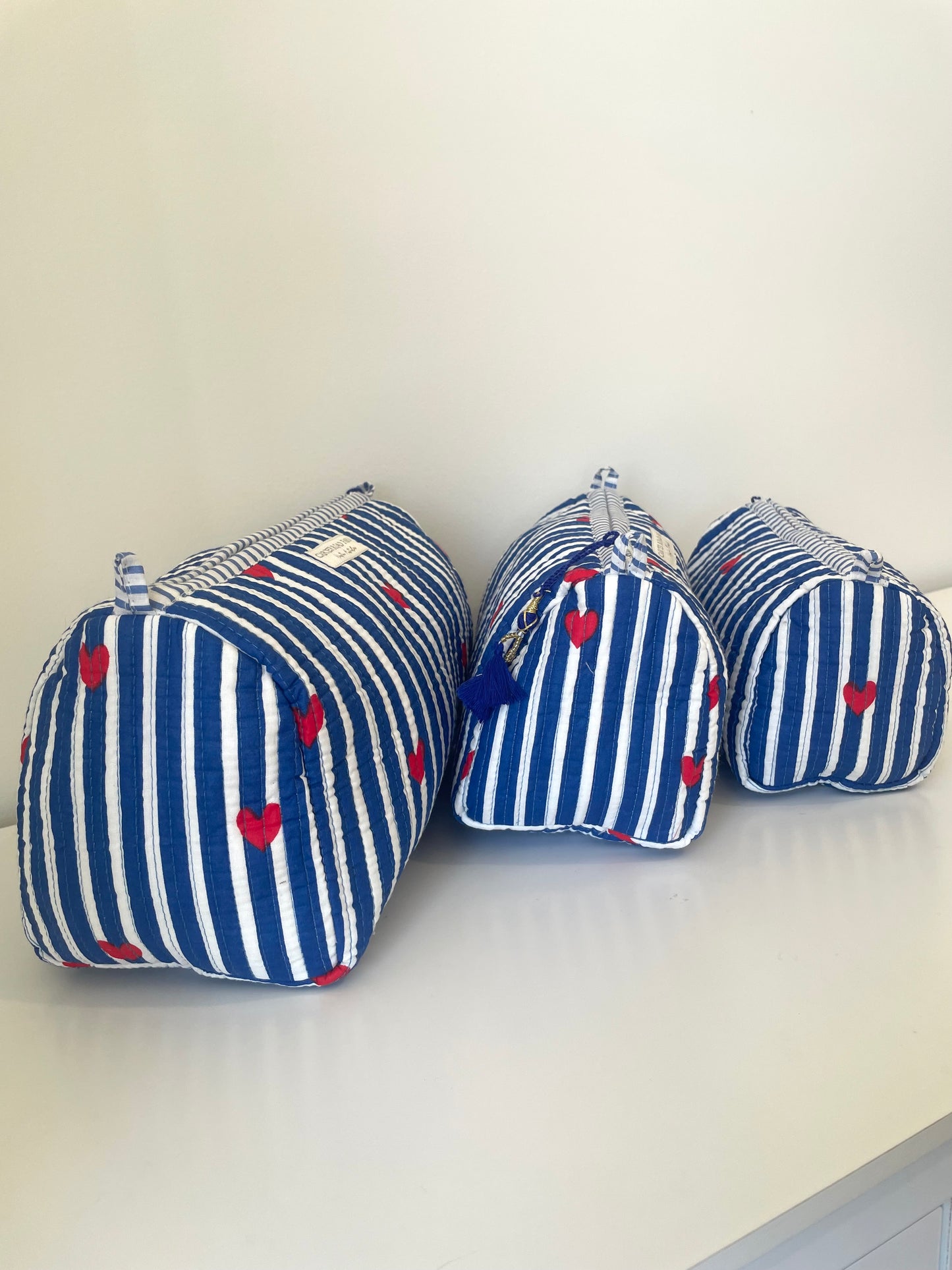 Striped Cosmetic Bags with Red Hearts - Navy Blue