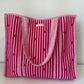 Striped Tote Bag with Red Hearts - Hot Pink