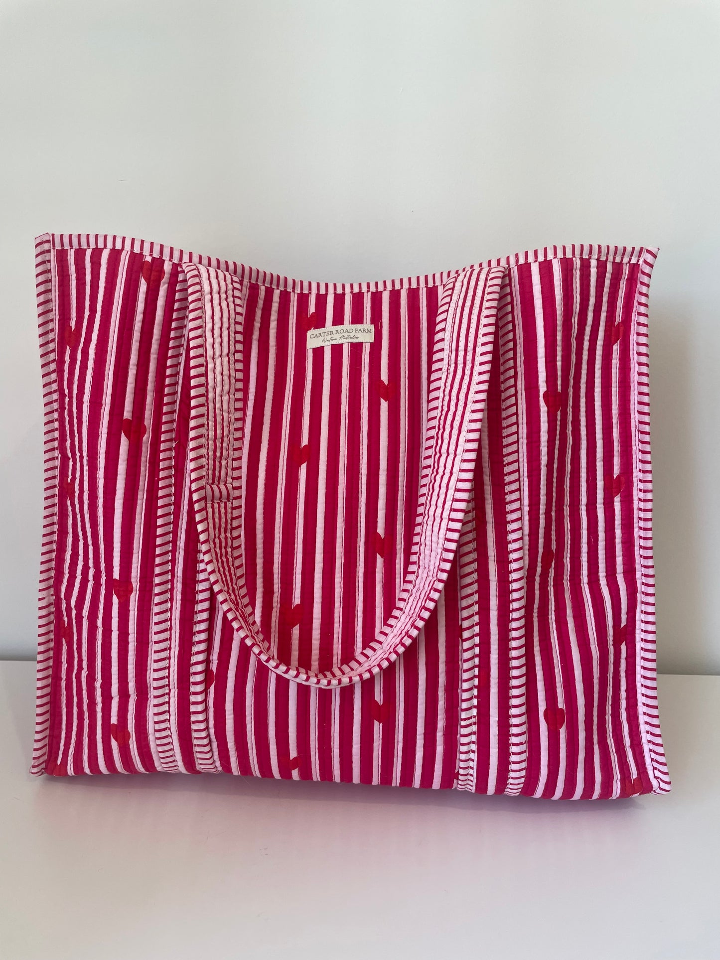 Striped Tote Bag with Red Hearts - Hot Pink
