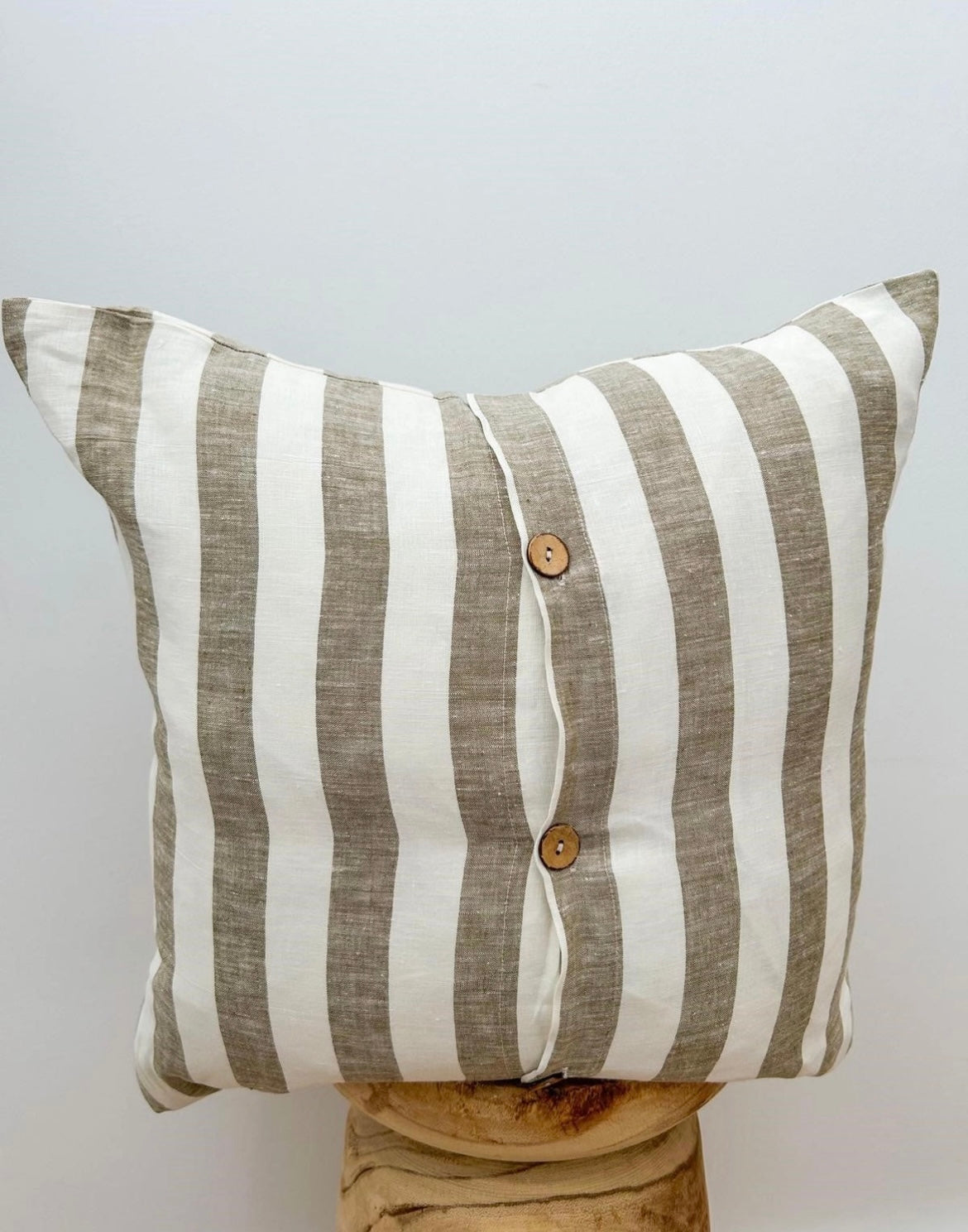 Linen Cushion with Button Detail - Olive Green Stripe