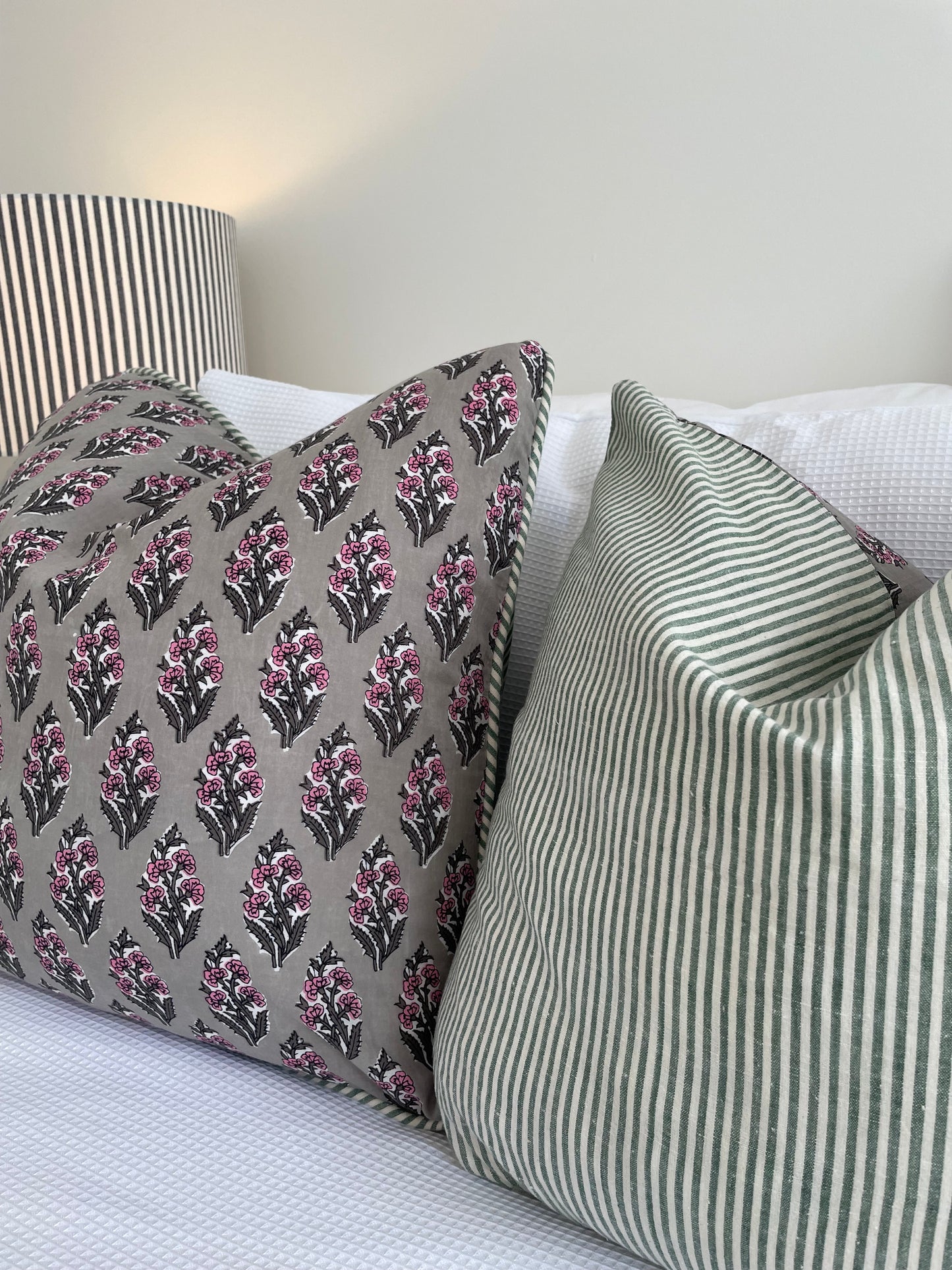 Block Print Cushion Cover - Green and Pink Floral with Stripes