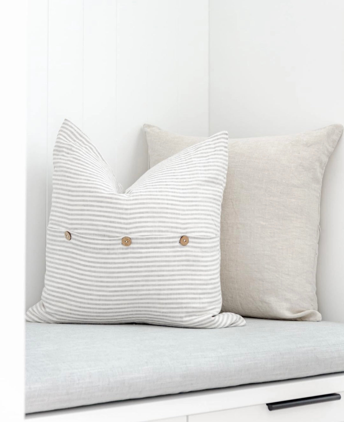 Linen Cushion with Button Detail - Grey Stripe