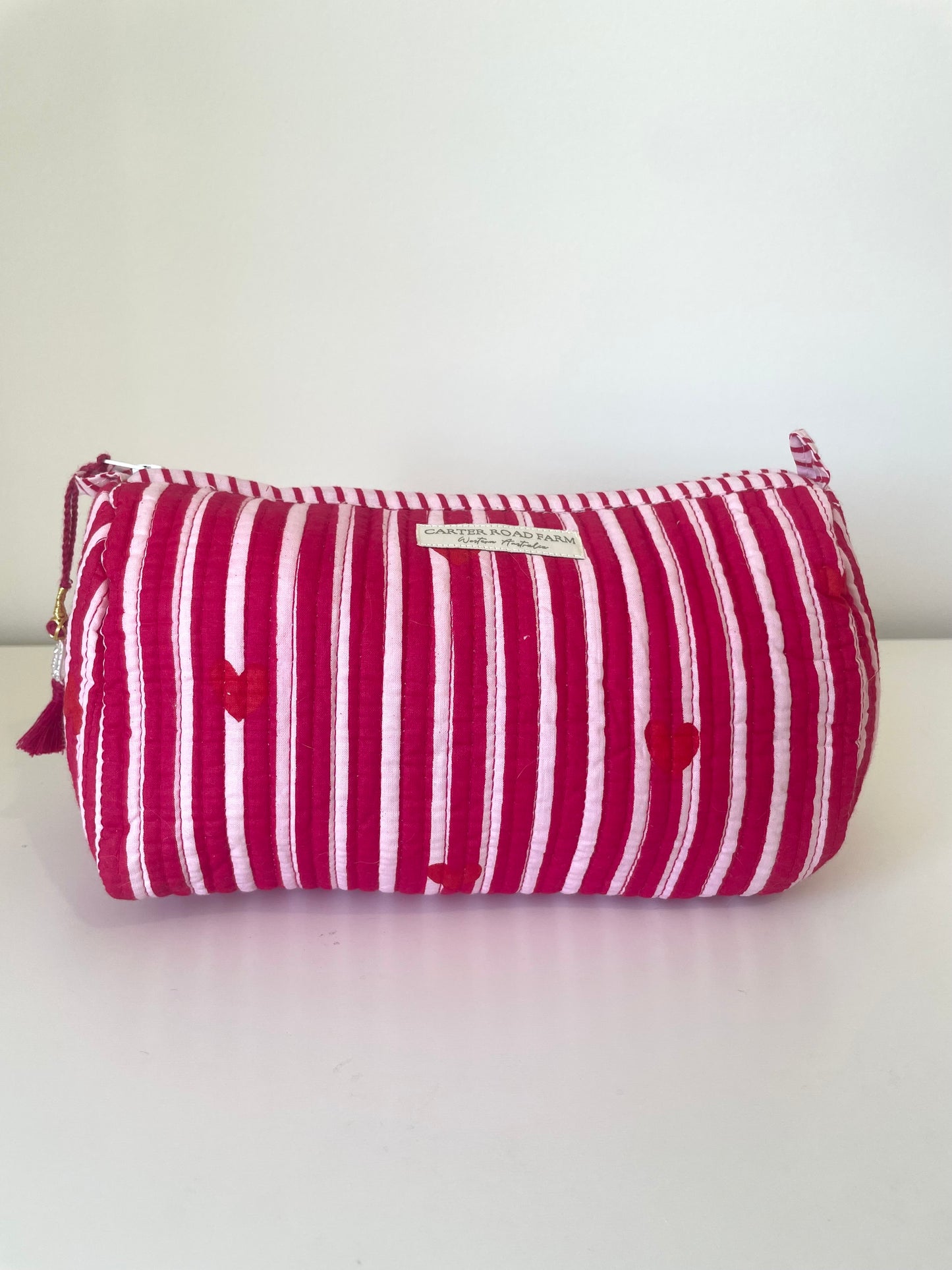 Striped Cosmetic Bags with Red Hearts - Hot Pink