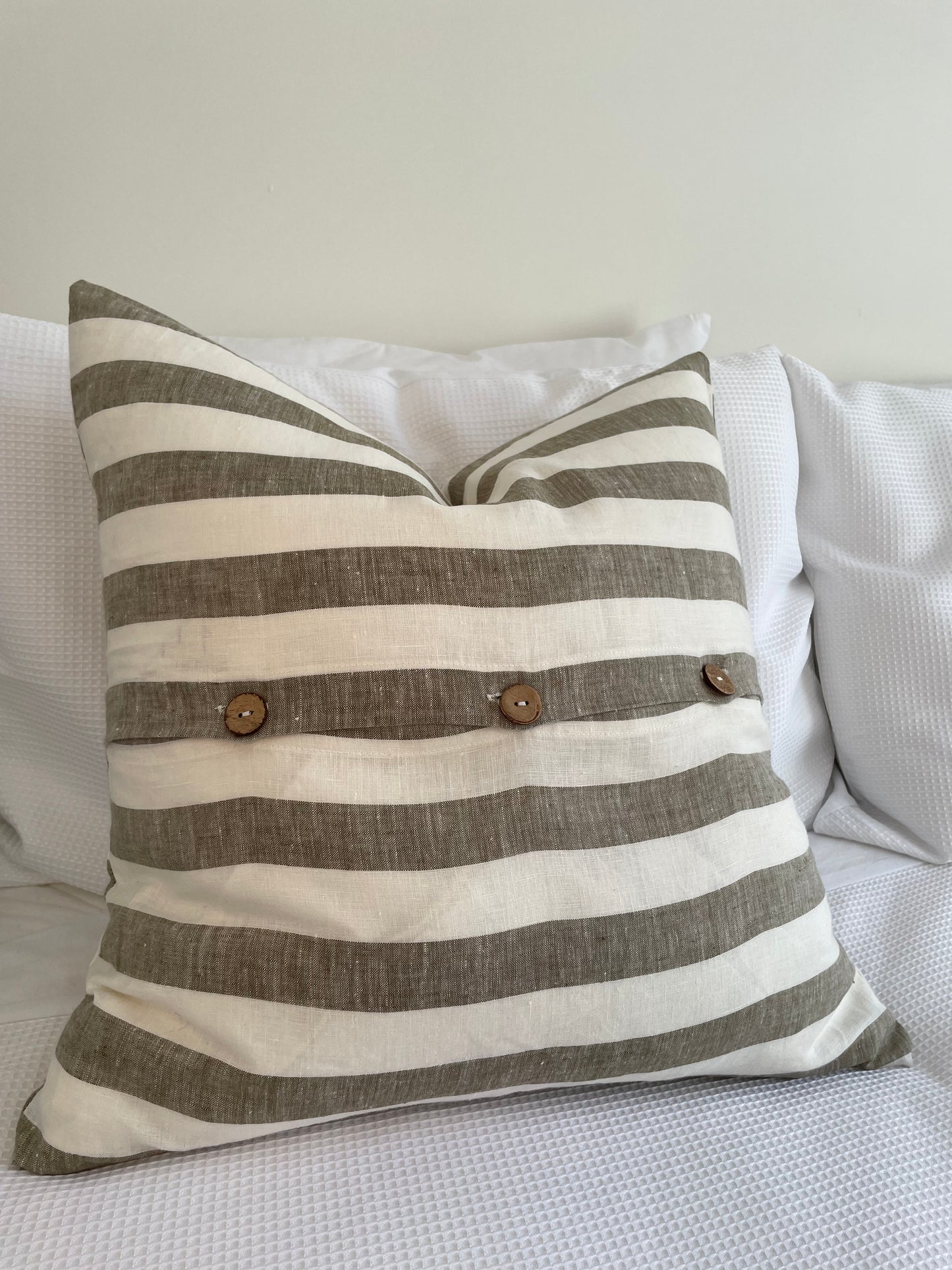 Linen Cushion with Button Detail - Olive Green Stripe