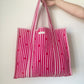 Striped Tote Bag with Red Hearts - Hot Pink