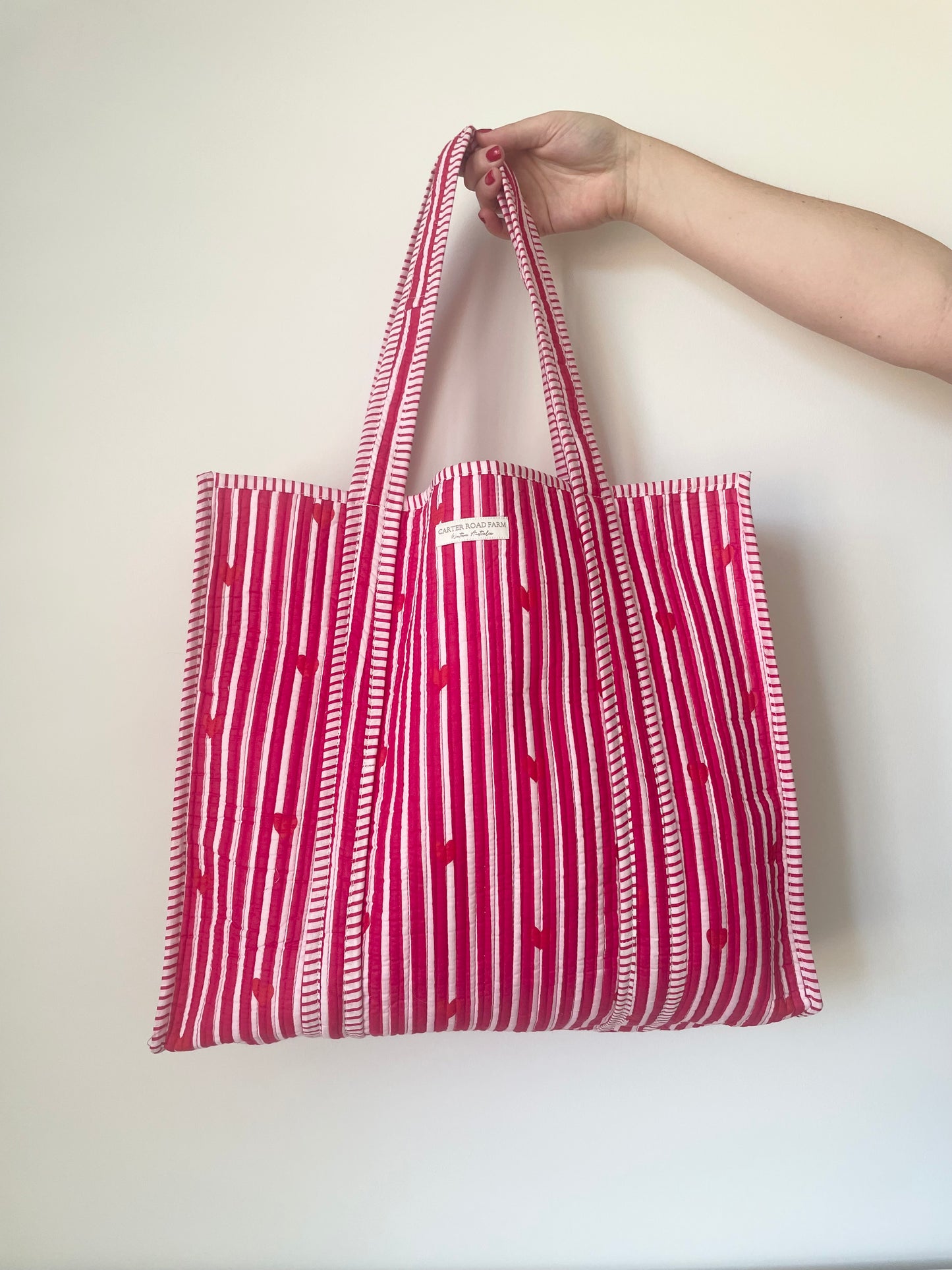 Striped Tote Bag with Red Hearts - Hot Pink
