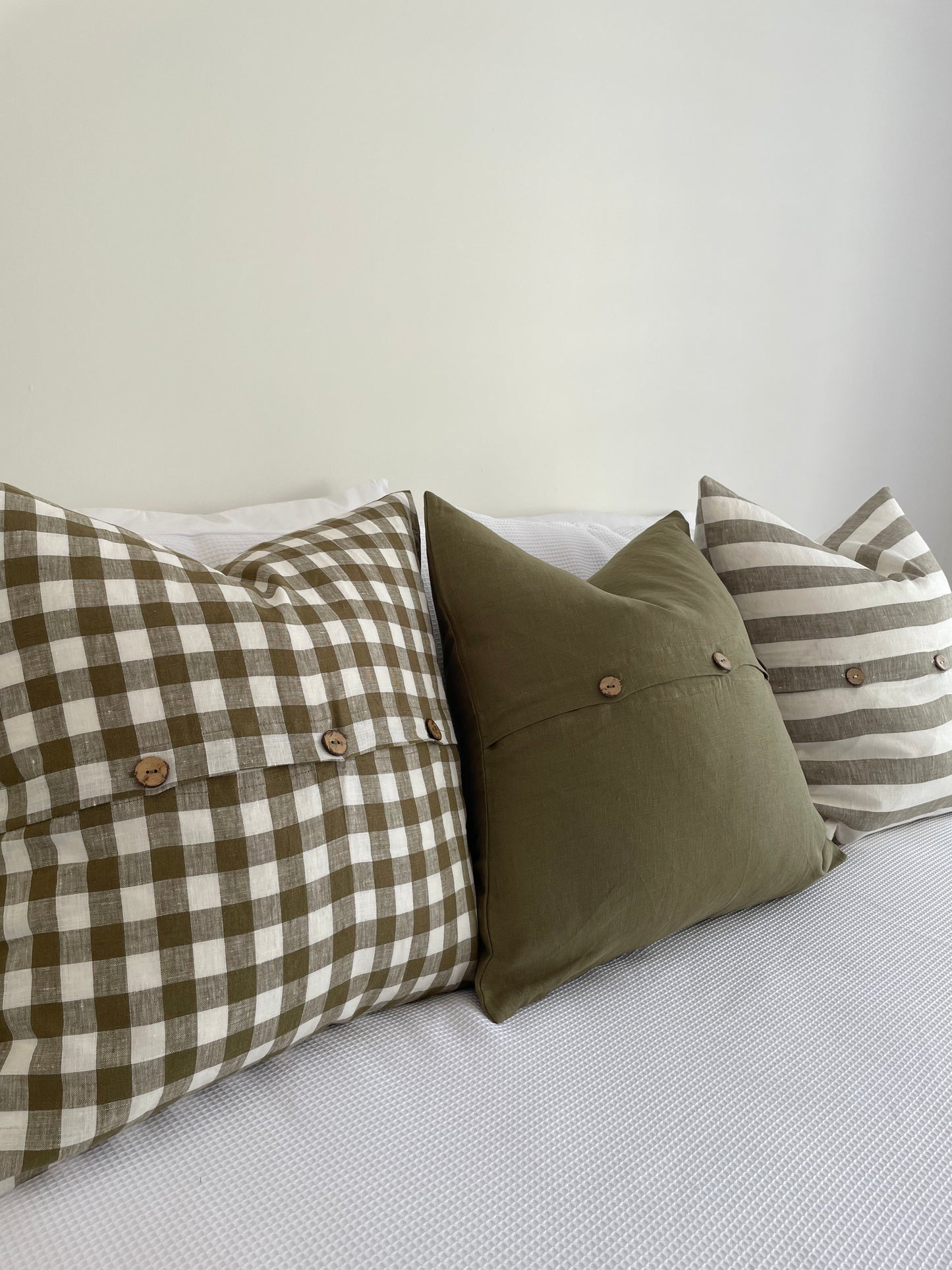 Linen Cushion with Button Detail - Solid Olive Green