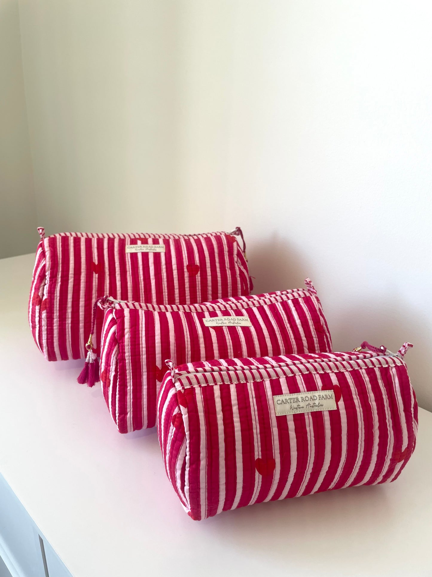 Striped Cosmetic Bags with Red Hearts - Hot Pink