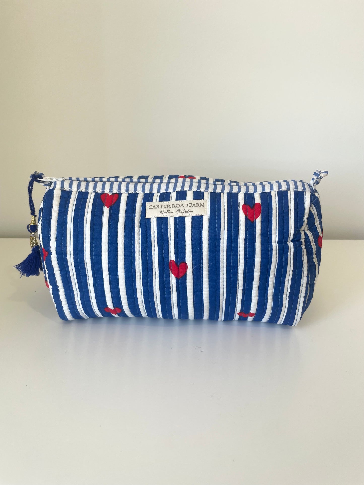 Striped Cosmetic Bags with Red Hearts - Navy Blue