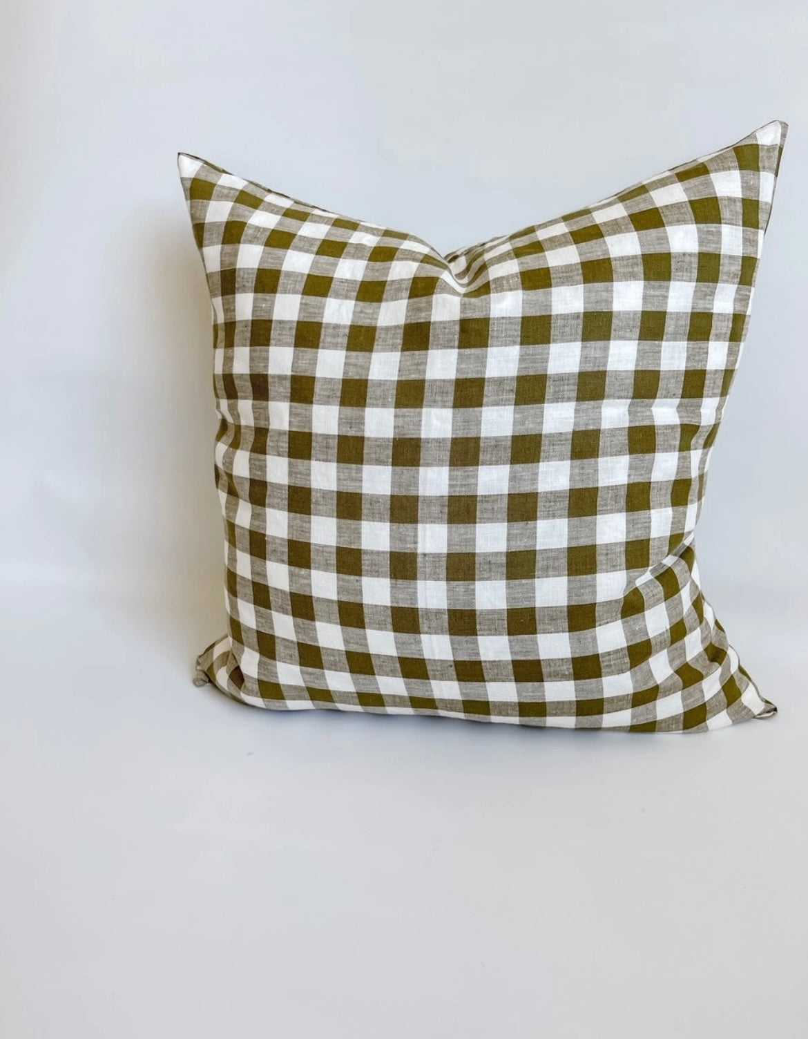 Linen Cushion with Button Detail - Olive Green Gingham