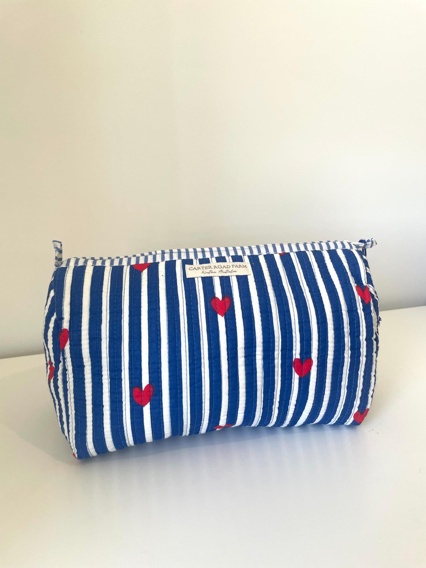 Striped Cosmetic Bags with Red Hearts - Navy Blue