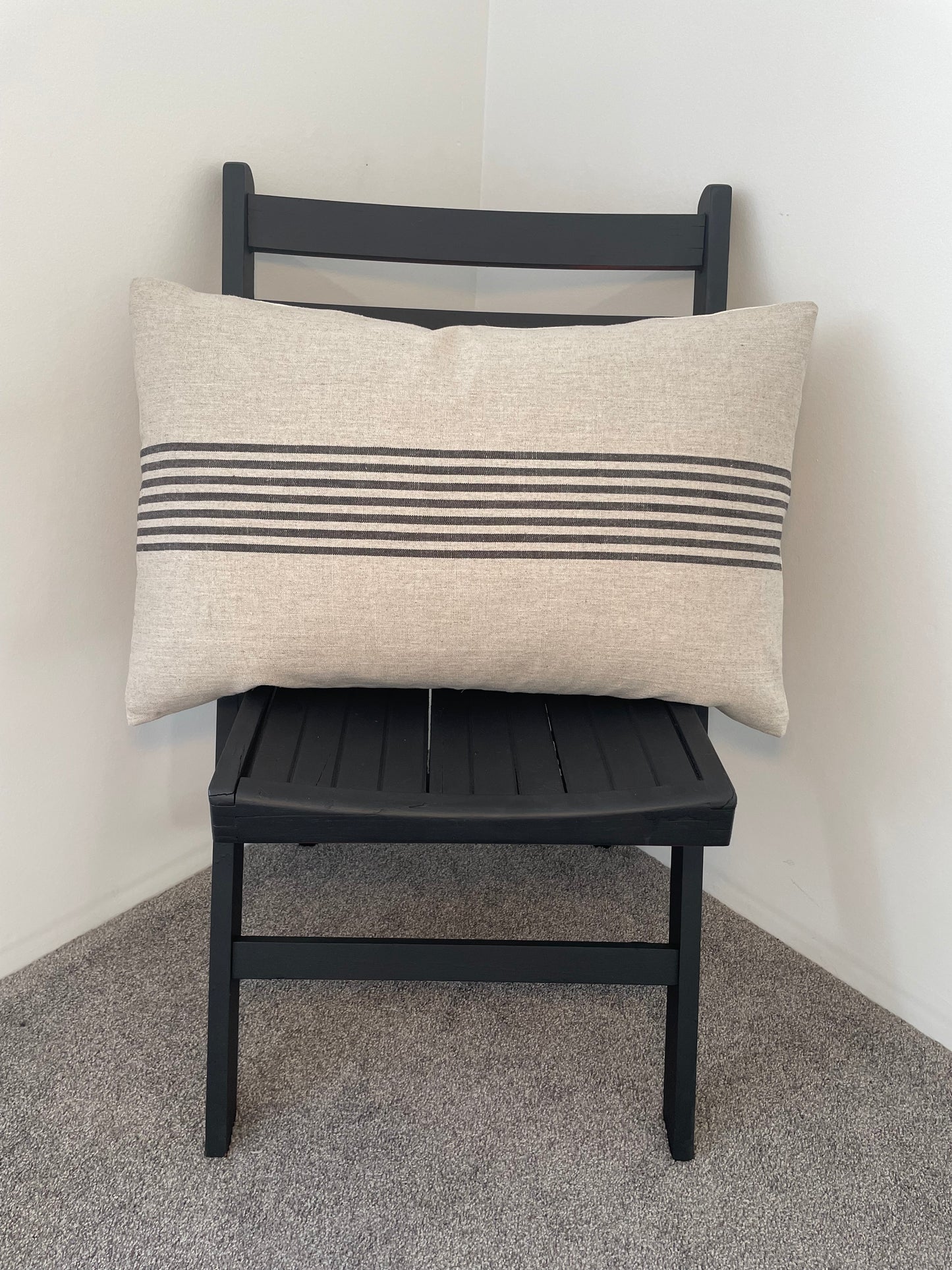 Linen Blend Lumbar Cushion Cover - Charcoal Seven Stripe