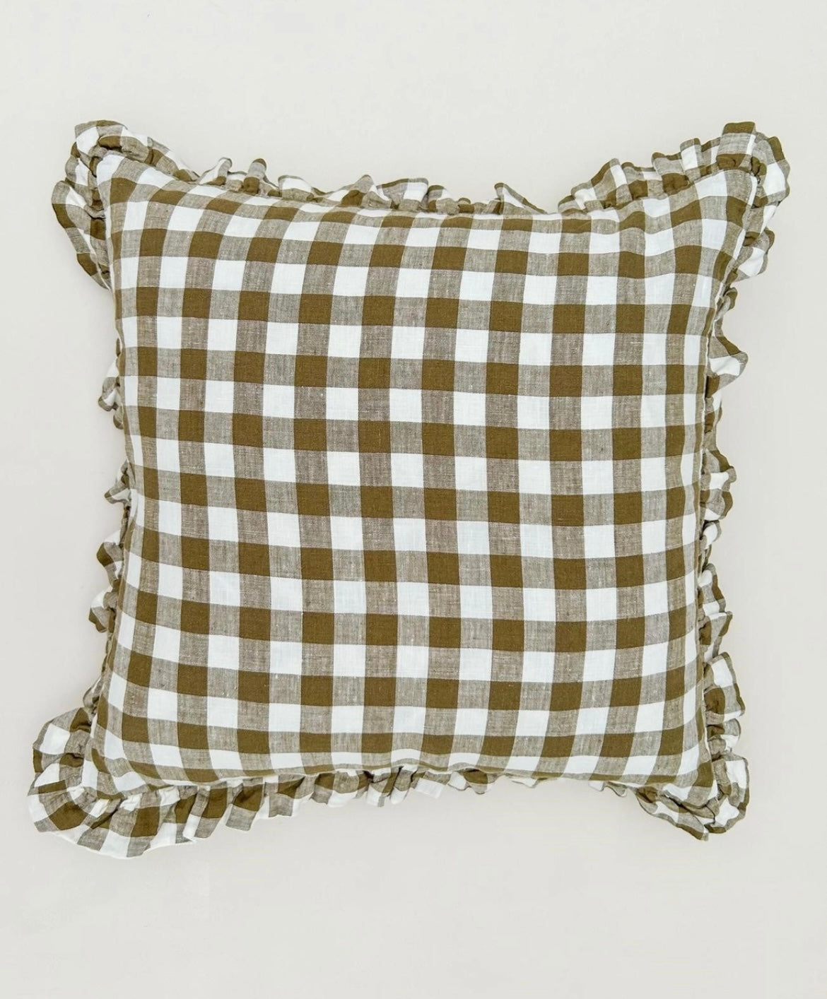 Reversible Linen Ruffle Cushion Cover - Olive Gingham - Warm White