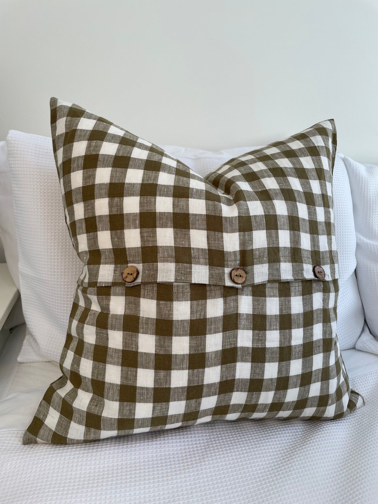 Linen Cushion with Button Detail - Olive Green Gingham