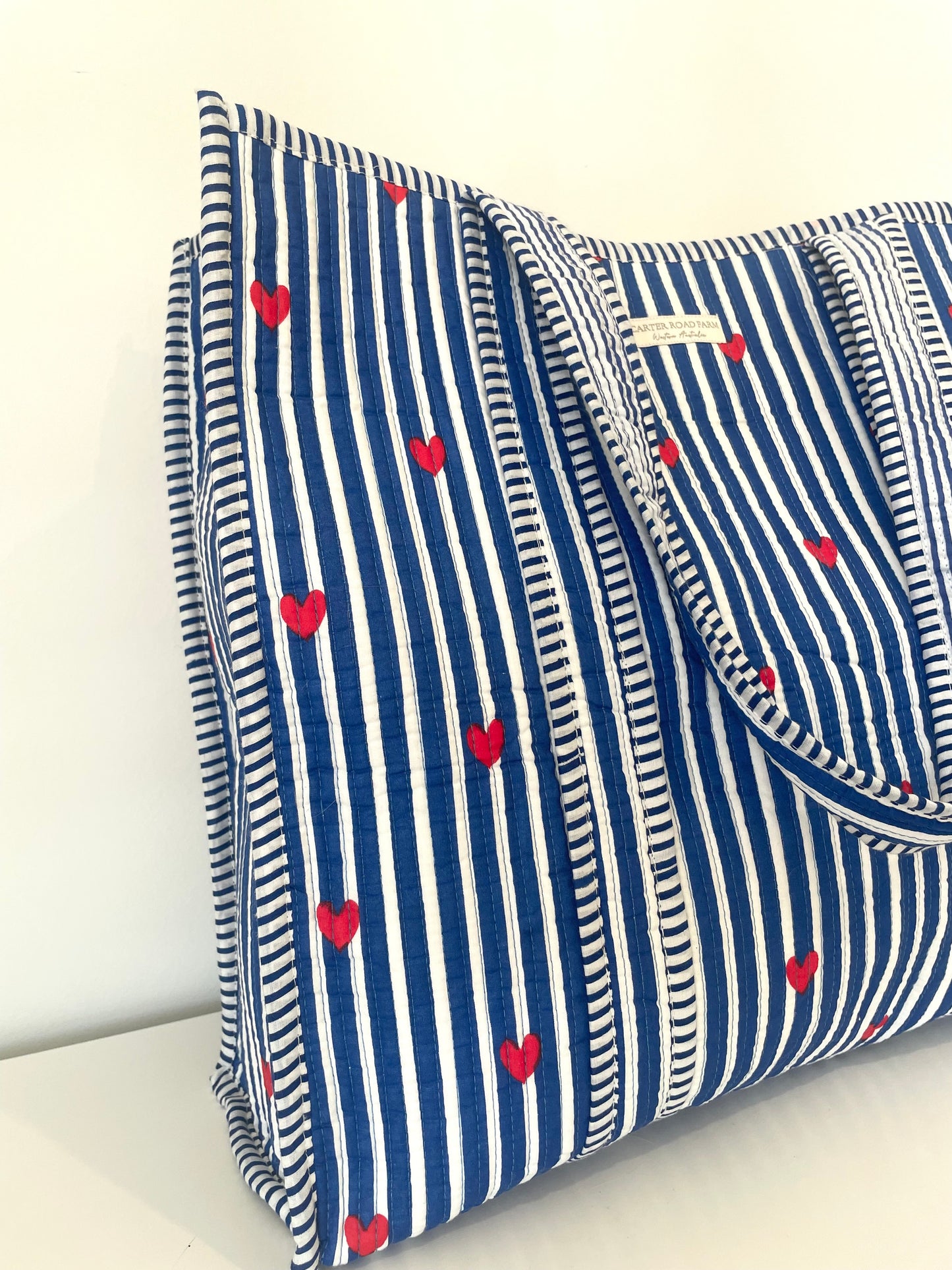Striped Tote Bag with Red Hearts - Navy Blue