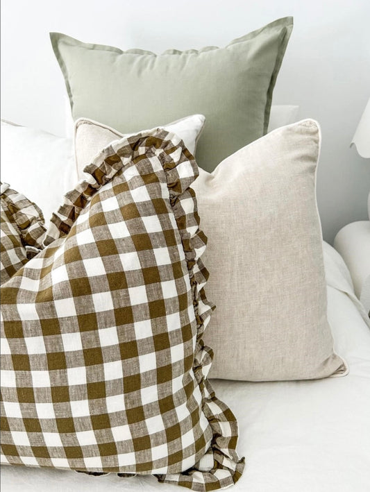 Reversible Linen Ruffle Cushion Cover - Olive Gingham - Warm White