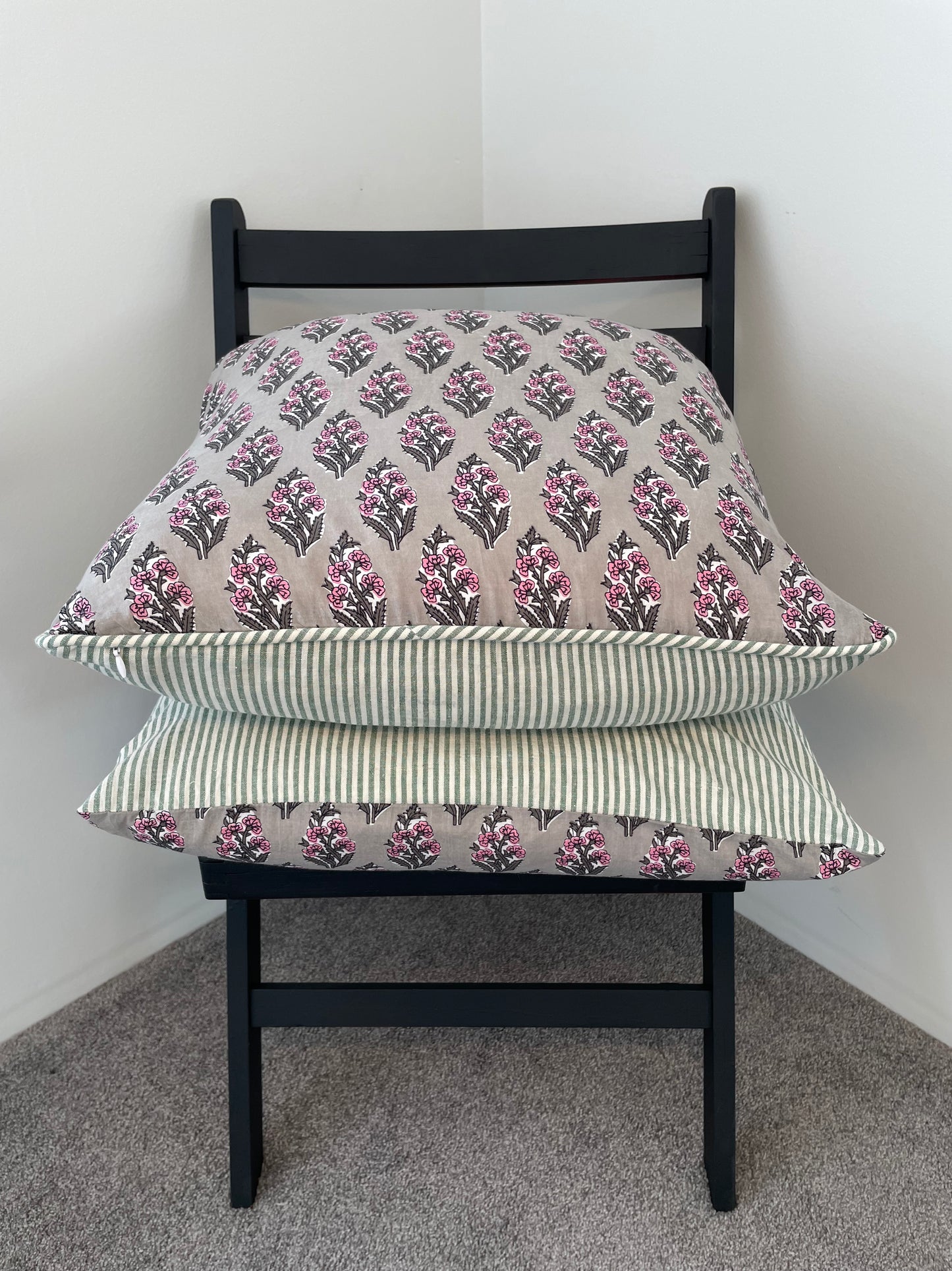 Block Print Cushion Cover - Green and Pink Floral with Stripes