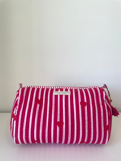 Striped Cosmetic Bags with Red Hearts - Hot Pink