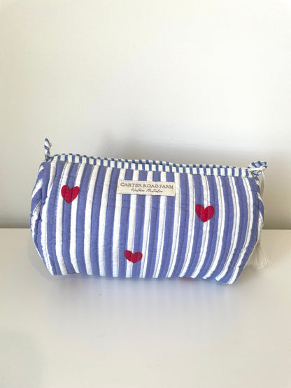 Striped Cosmetic Bags with Red Hearts - Sky Blue