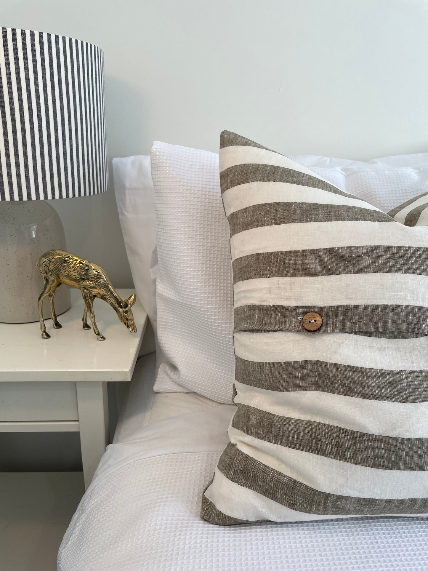 Linen Cushion with Button Detail - Olive Green Stripe