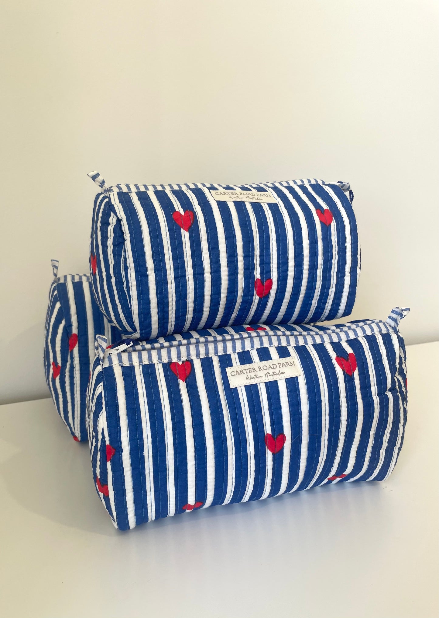 Striped Cosmetic Bags with Red Hearts - Navy Blue