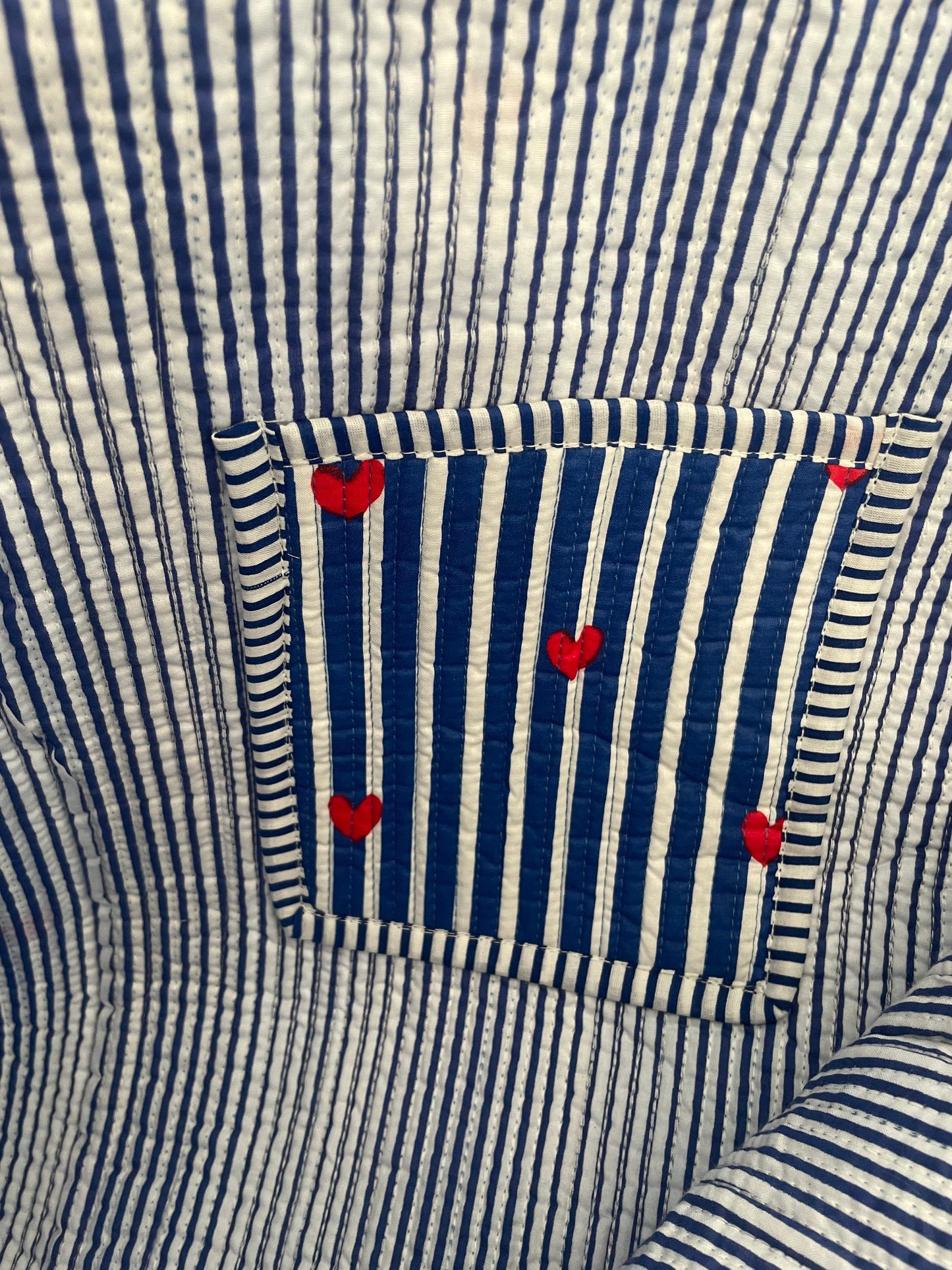 Striped Tote Bag with Red Hearts - Navy Blue