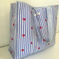 Striped Tote Bag with Red Hearts - Sky Blue