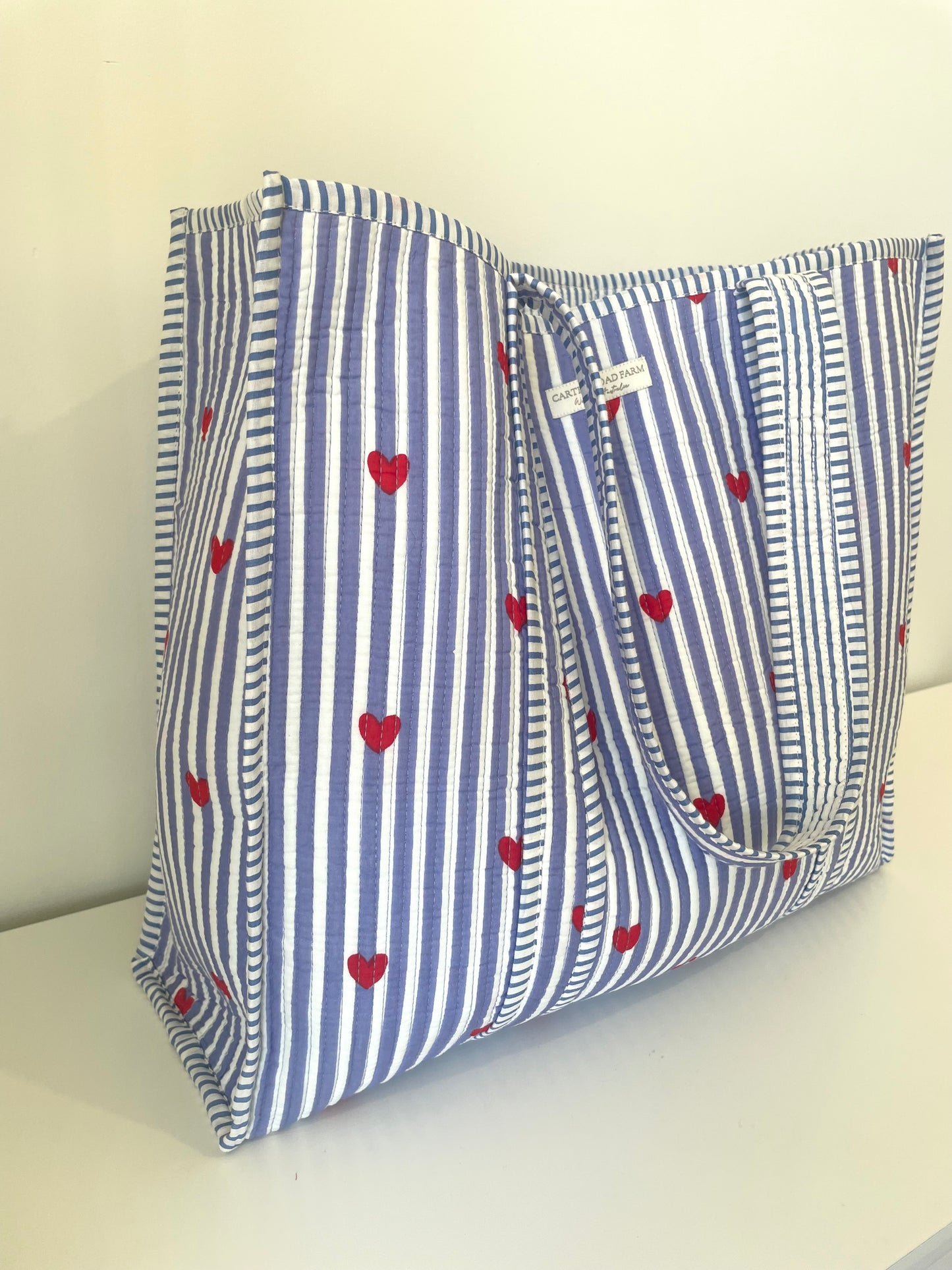 Striped Tote Bag with Red Hearts - Sky Blue