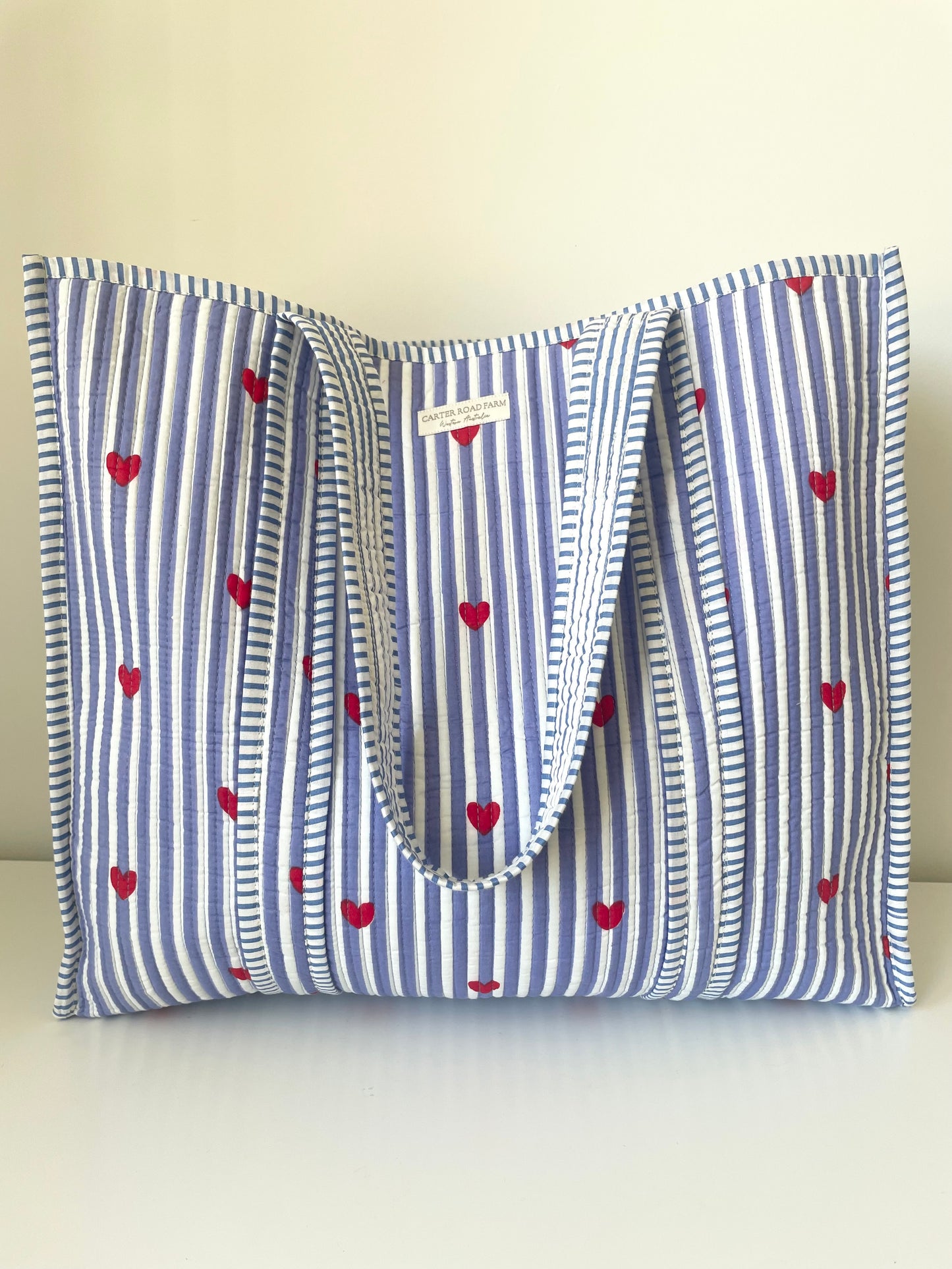 Striped Tote Bag with Red Hearts - Sky Blue