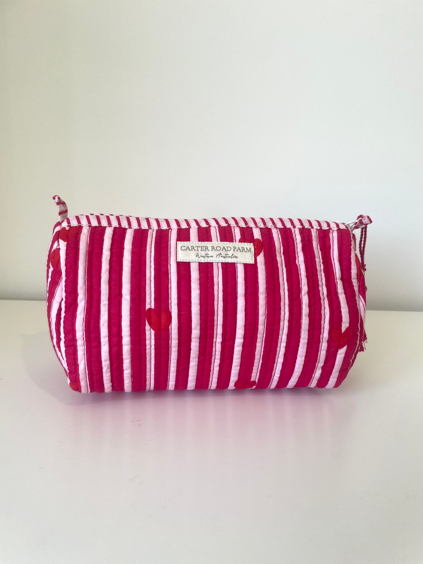 Striped Cosmetic Bags with Red Hearts - Hot Pink
