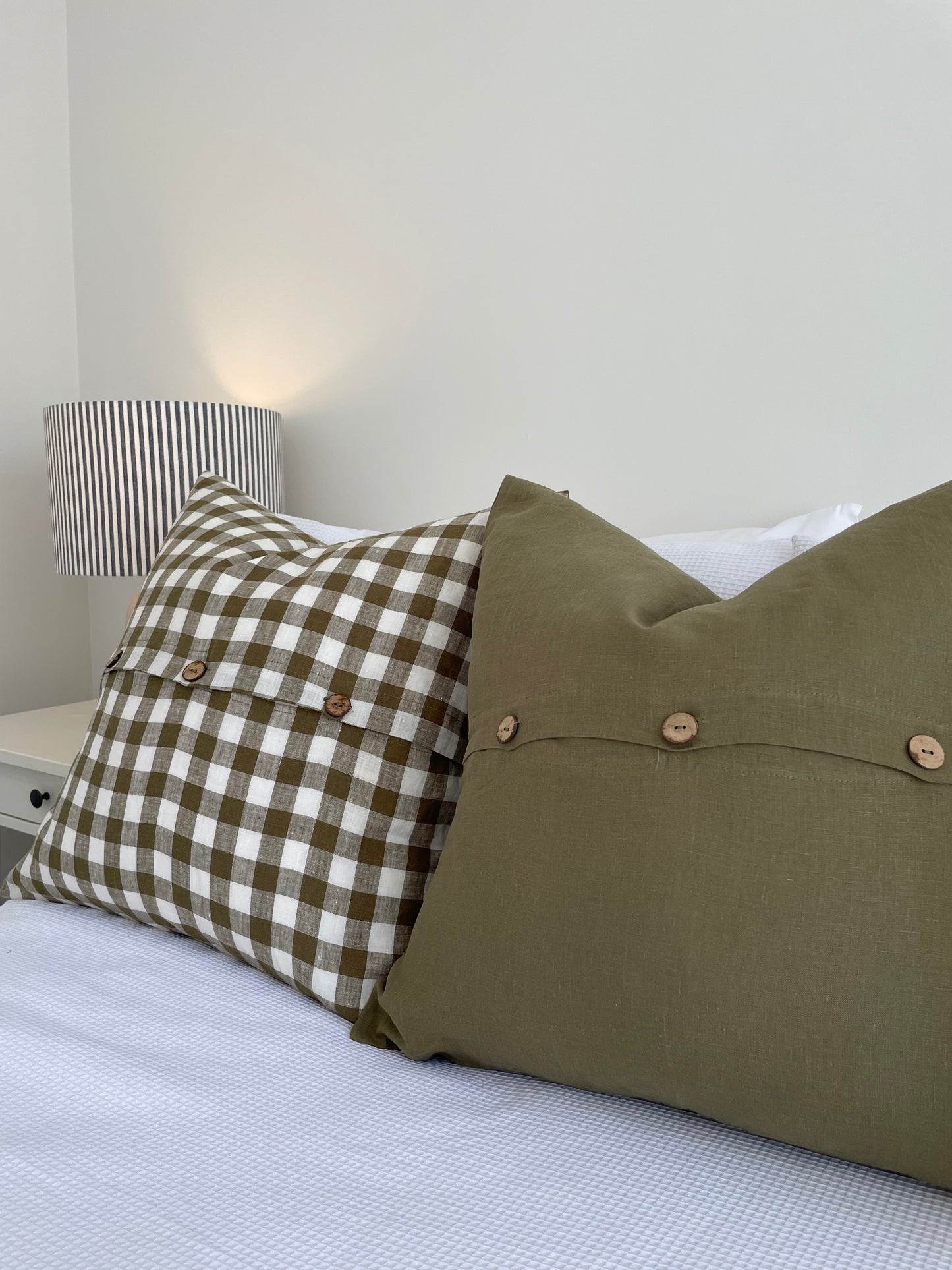 Linen Cushion with Button Detail - Olive Green Gingham