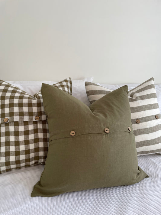 Linen Cushion with Button Detail - Solid Olive Green