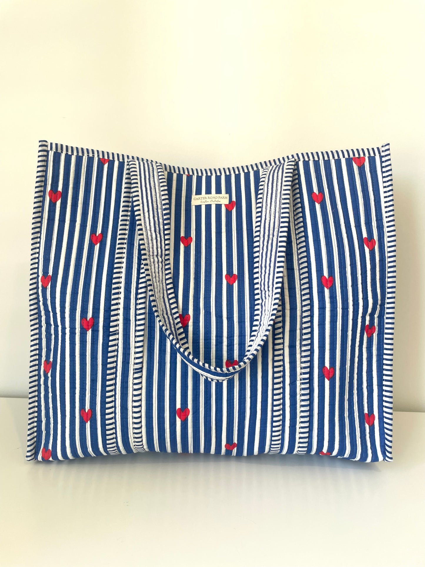 Striped Tote Bag with Red Hearts - Navy Blue