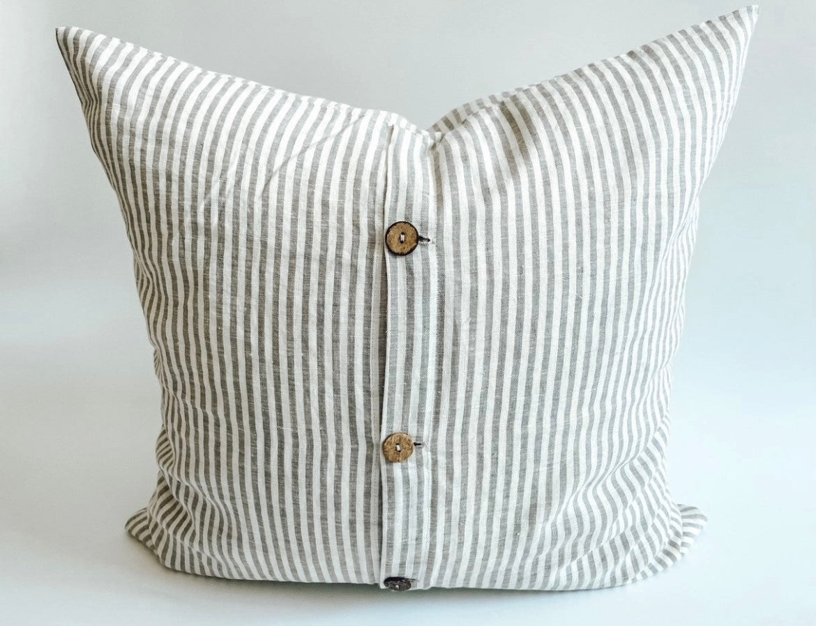 Linen Cushion with Button Detail - Grey Stripe