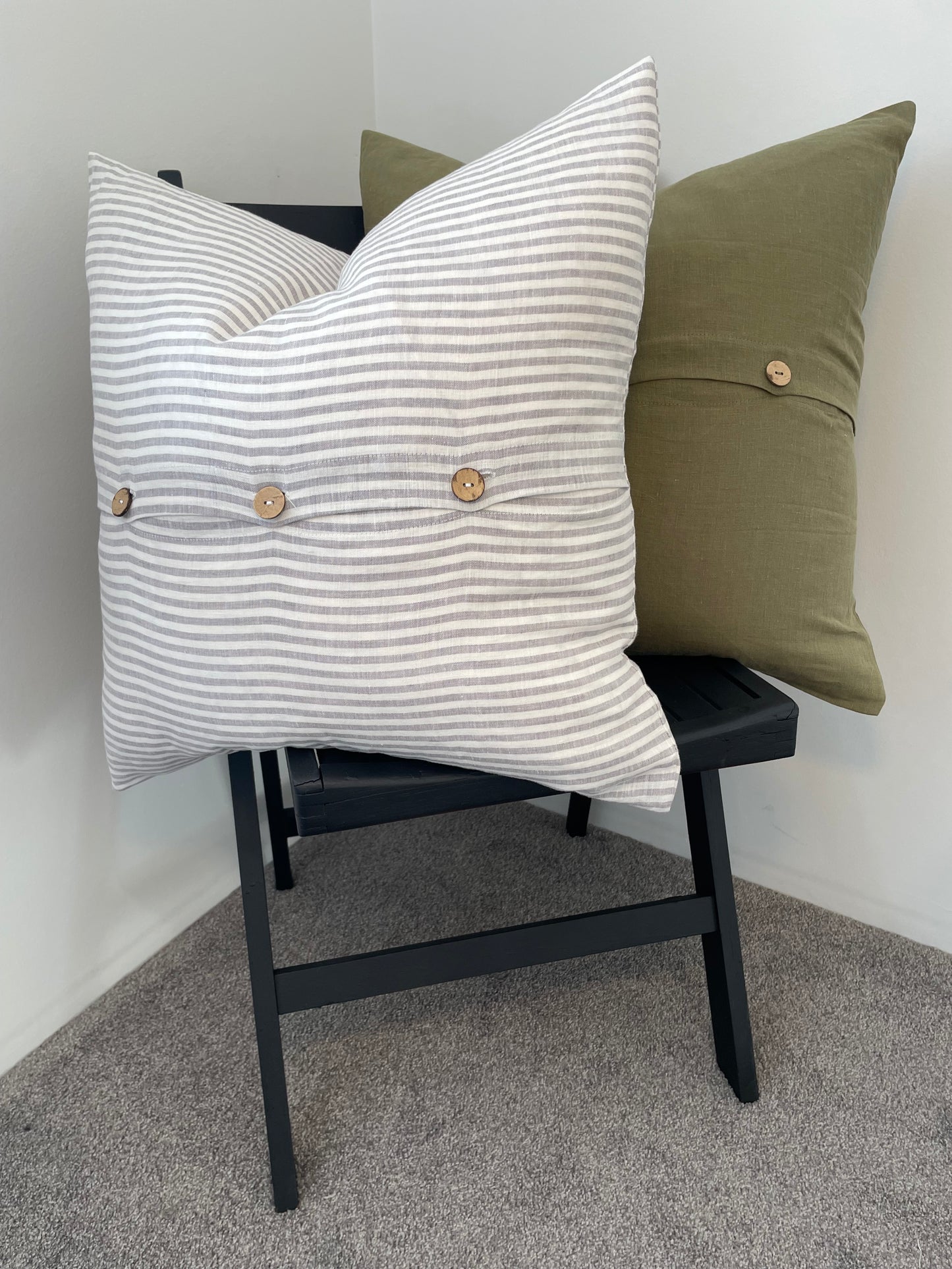 Linen Cushion with Button Detail - Grey Stripe