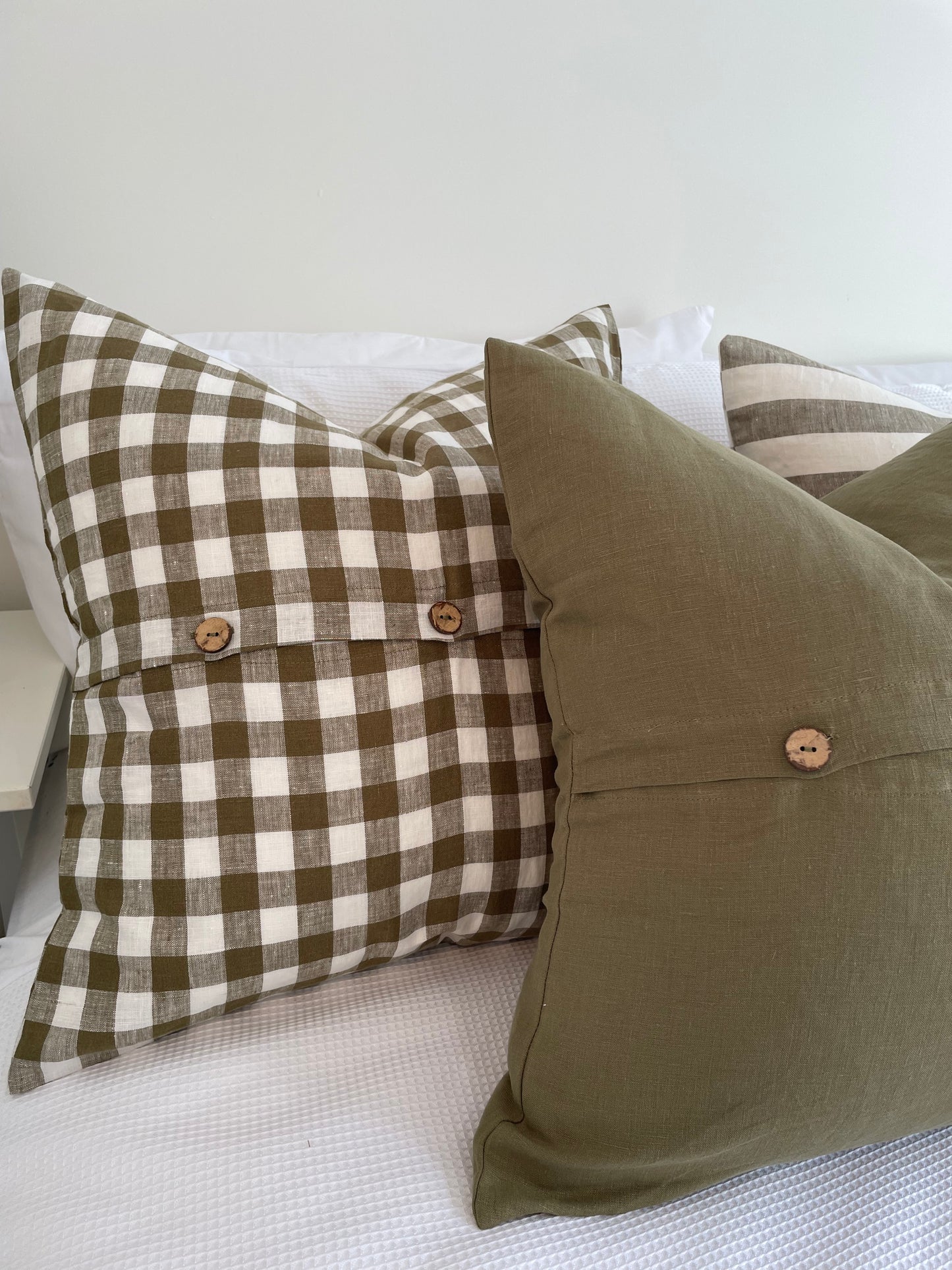 Linen Cushion with Button Detail - Olive Green Gingham