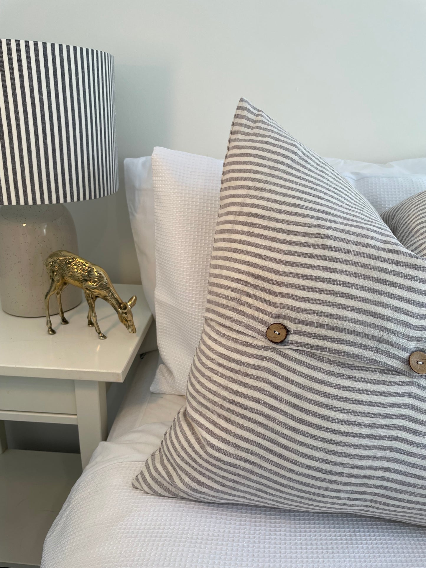 Linen Cushion with Button Detail - Grey Stripe