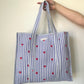Striped Tote Bag with Red Hearts - Sky Blue